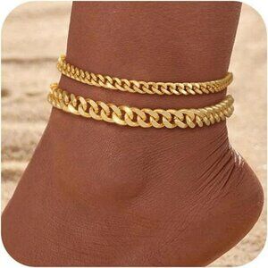 Gold Anklet Bracelet Set for Women Waterproof Layered Cuban Link Jewelry